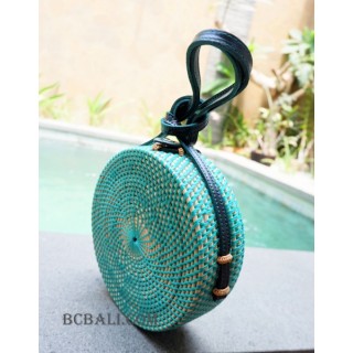 circle rattan bags long handle leather turquoise